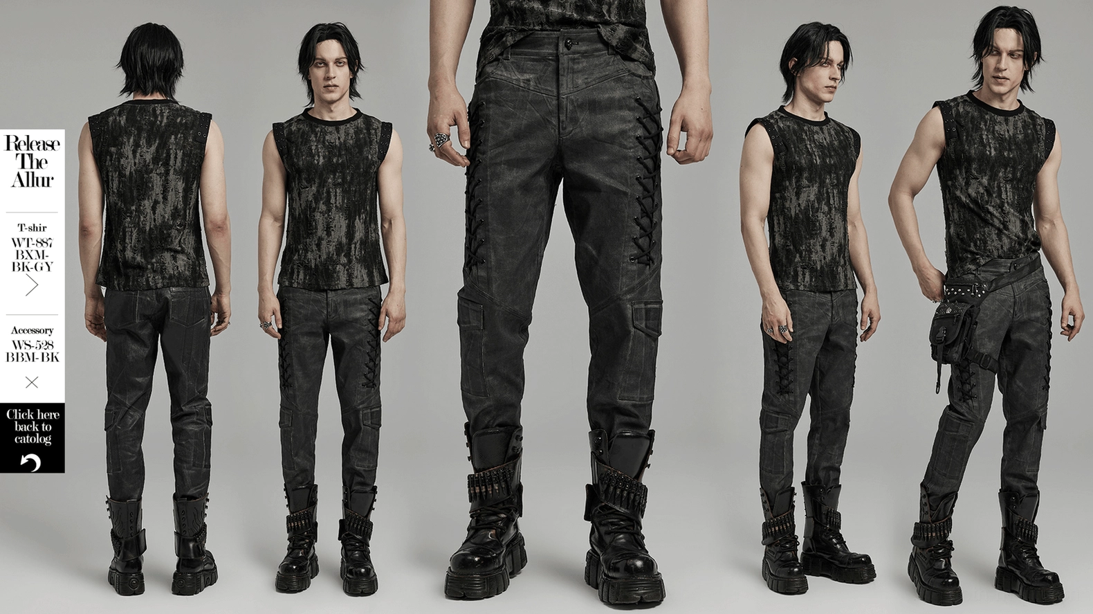 Primary view of distressed gothic cargo pants in gray featuring side lace-up trim and signature design elements