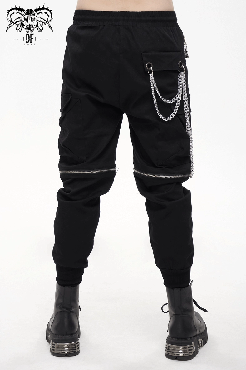 Product showcase of black gothic cargo pants with all design elements visible and hardware accents