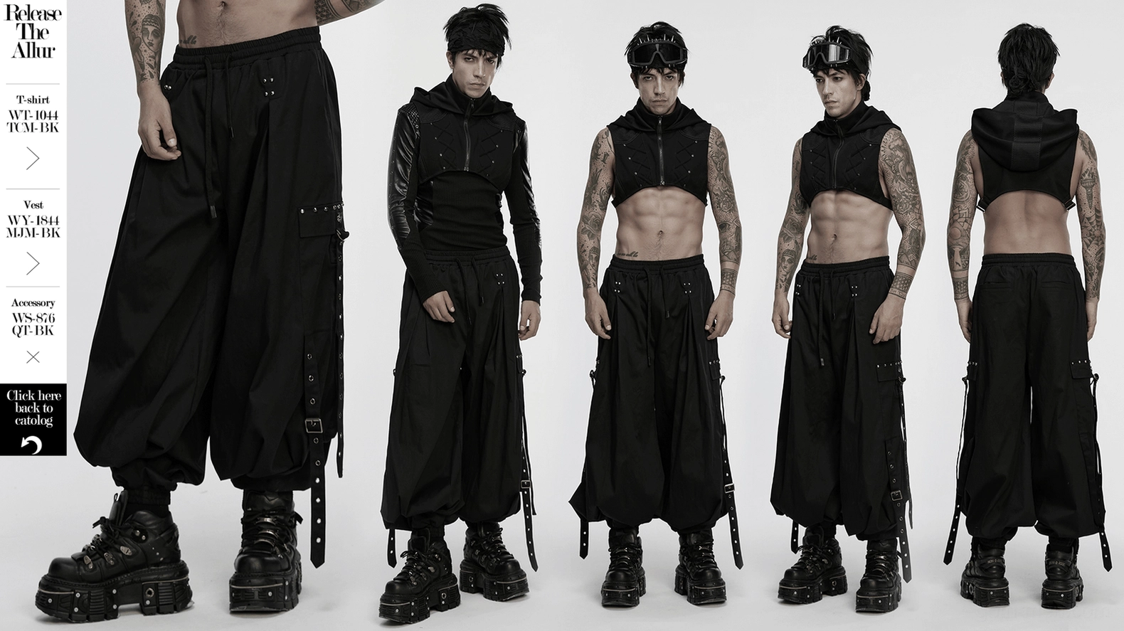 Black gothic cargo pants product showcase with all design elements and hardware highlights
