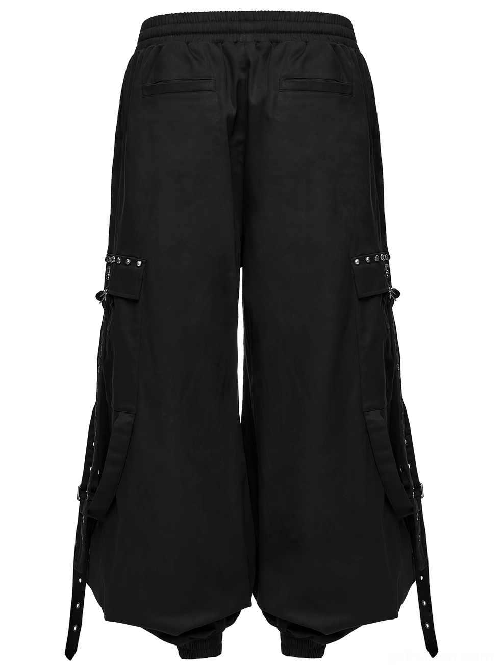 Black gothic cargo pants rear flat lay showing back waistband and ankle buckle straps