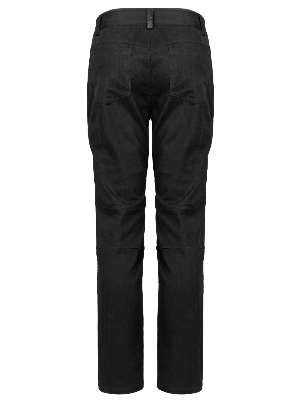 Rear flat lay view of black gothic cargo pants showing standard back waist belt loops and minimalist back construction