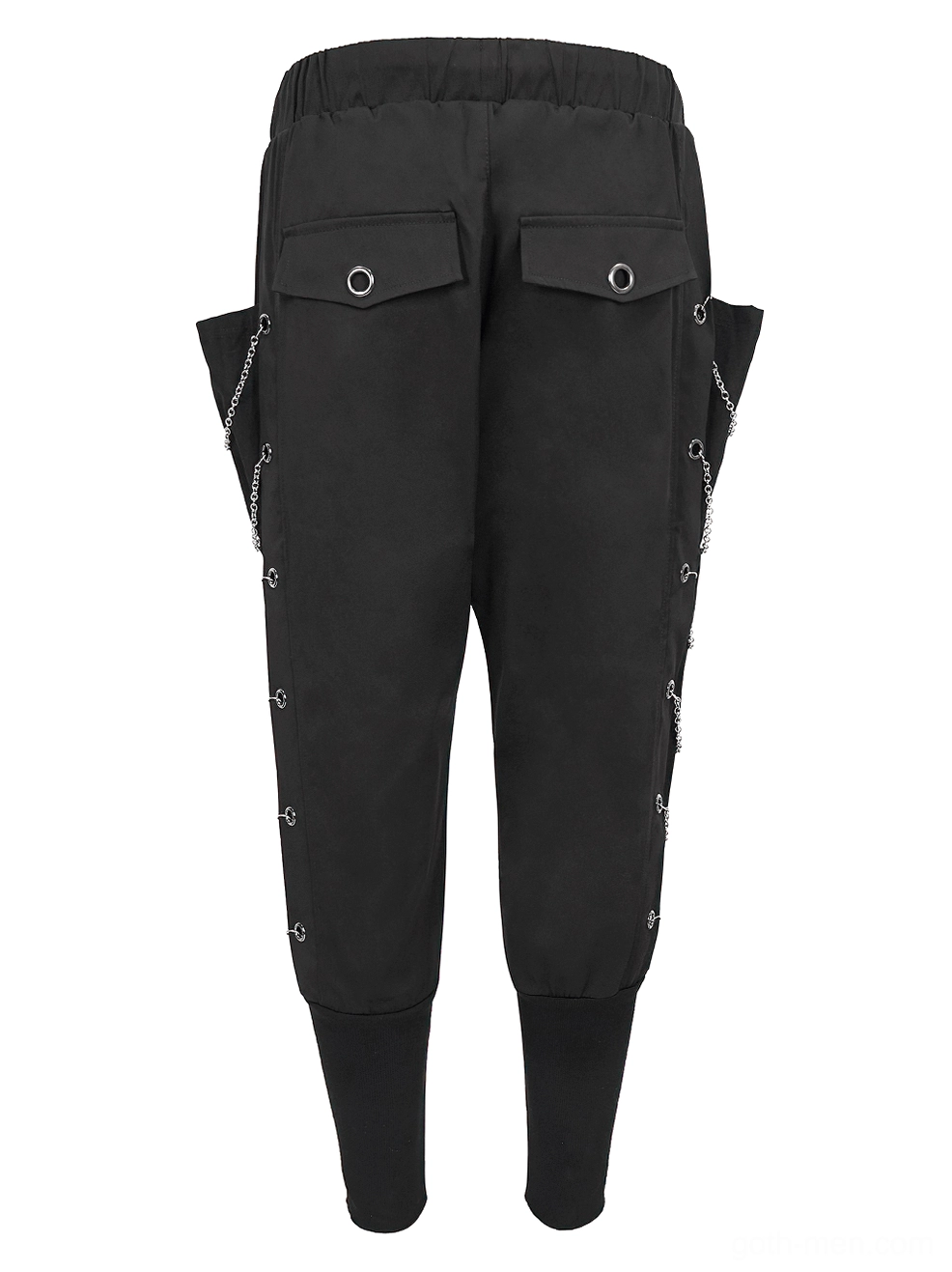 Rear flat lay view of black gothic cargo pants showing back pockets and metal chain eyelet chain decorations