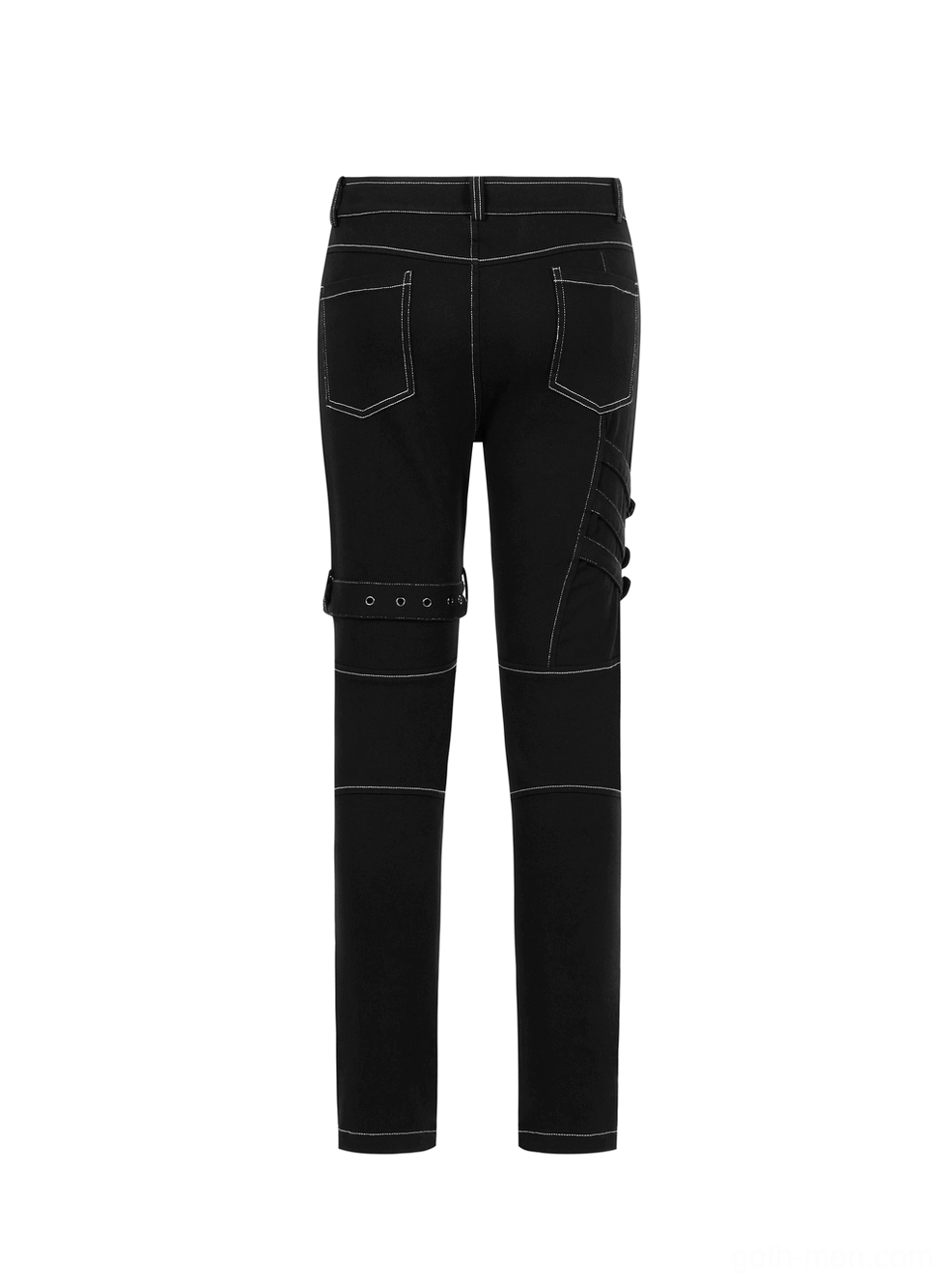Black gothic cargo pants rear flat lay showcasing back pockets and strap placement