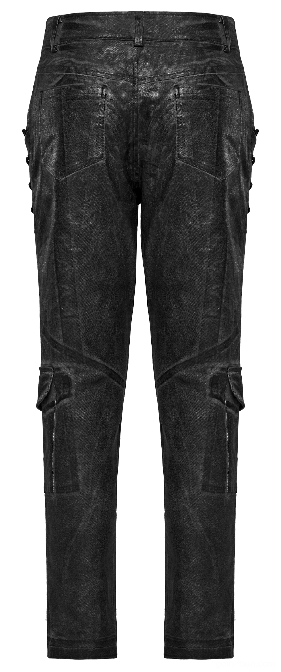 Rear flat lay of distressed gothic cargo pants displaying back pockets, cargo side pockets, and overall construction