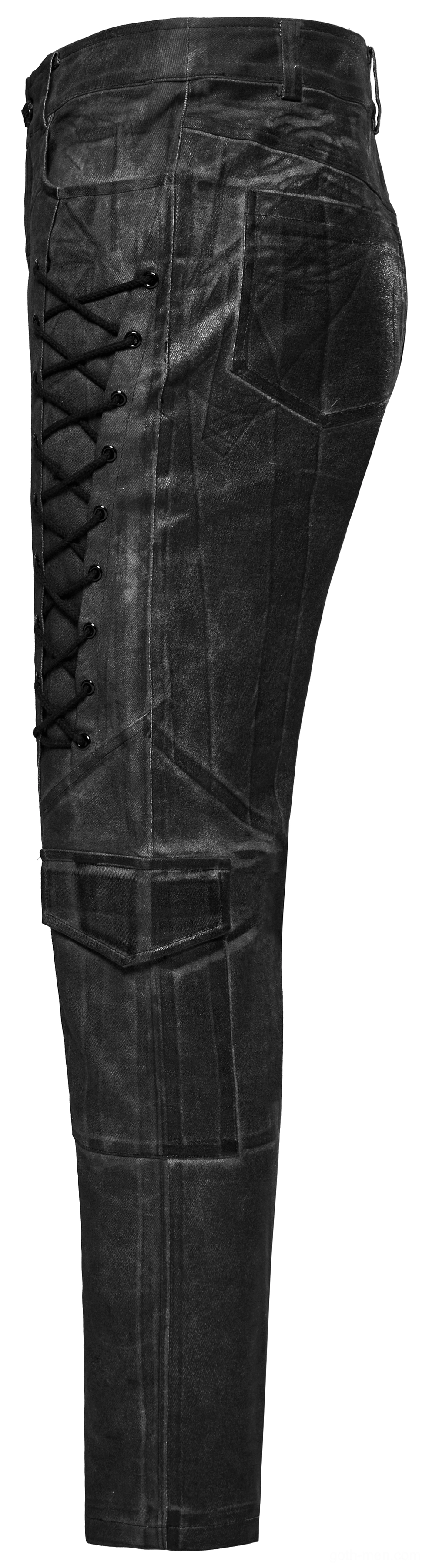 Side view flat lay of gothic cargo pants highlighting braided lace-up panel and knee reinforced distressed patches