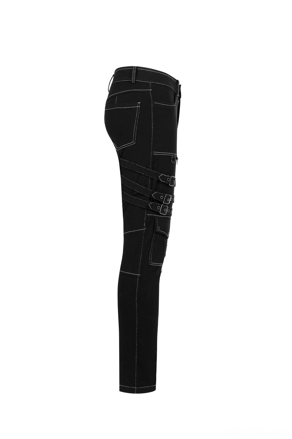 Gothic cargo pants side flat lay view showing slim fitted cut and thigh strap buckles