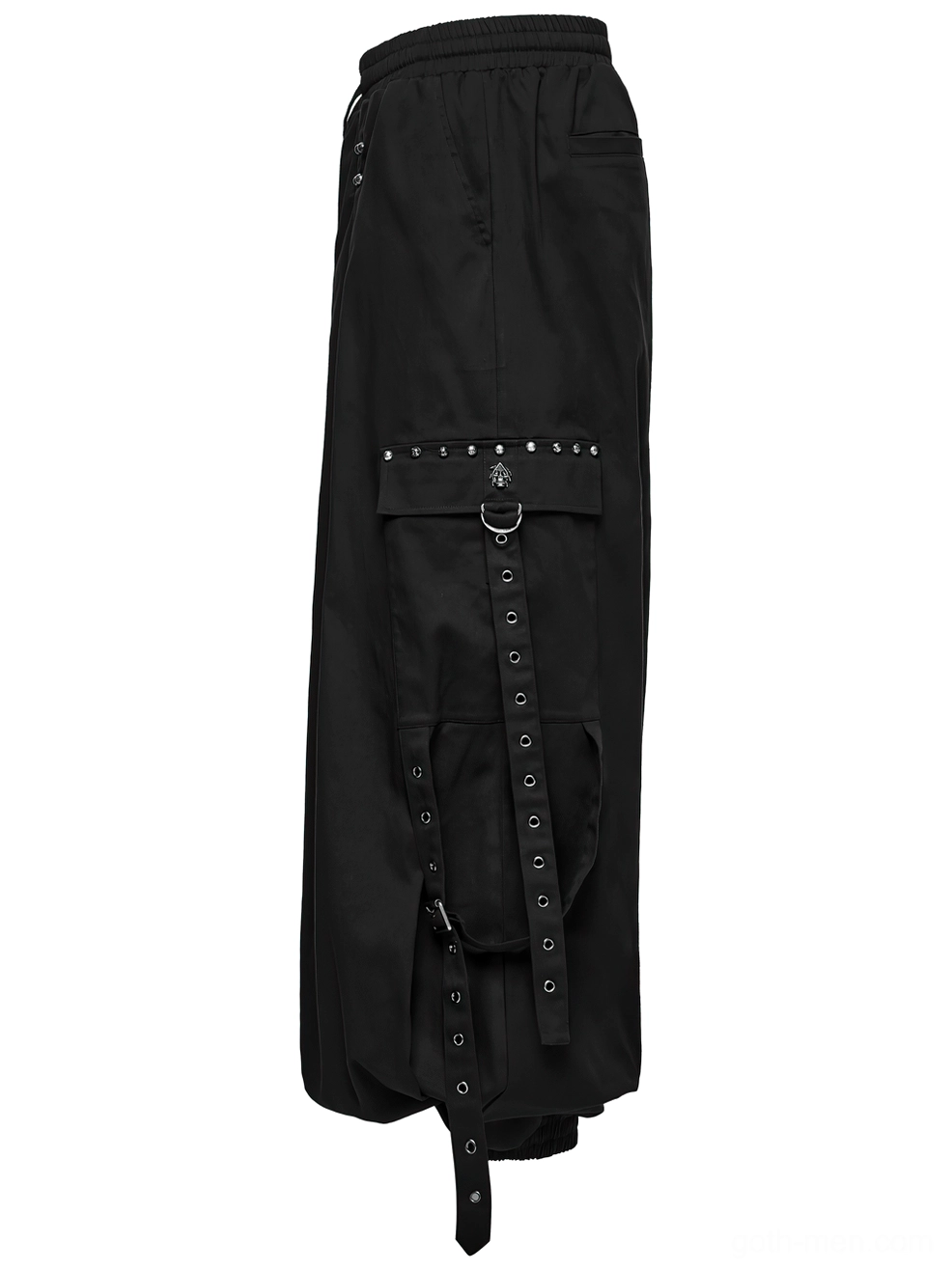 Black gothic cargo pants side flat lay with large cargo pocket and grommet strap hardware