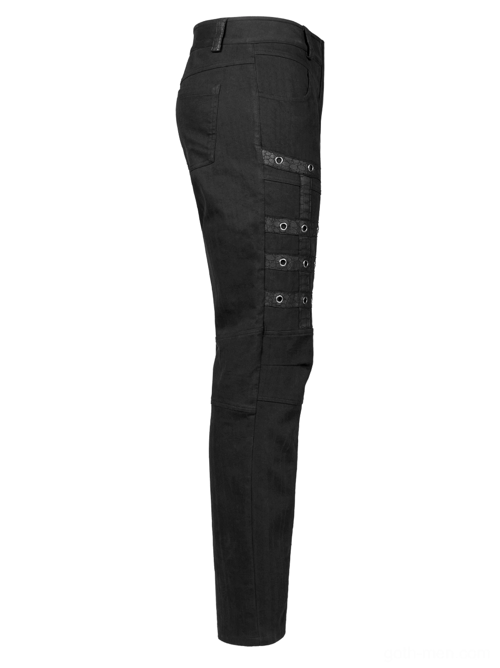 Side view flat lay of black slim-fit gothic cargo pants displaying horizontal grommet straps on thigh