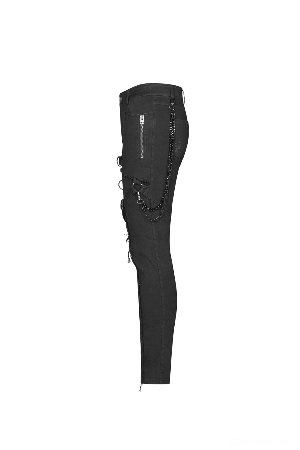 Black Gothic cargo pants side flat lay, highlighting left leg metal zipper and multiple chain accents