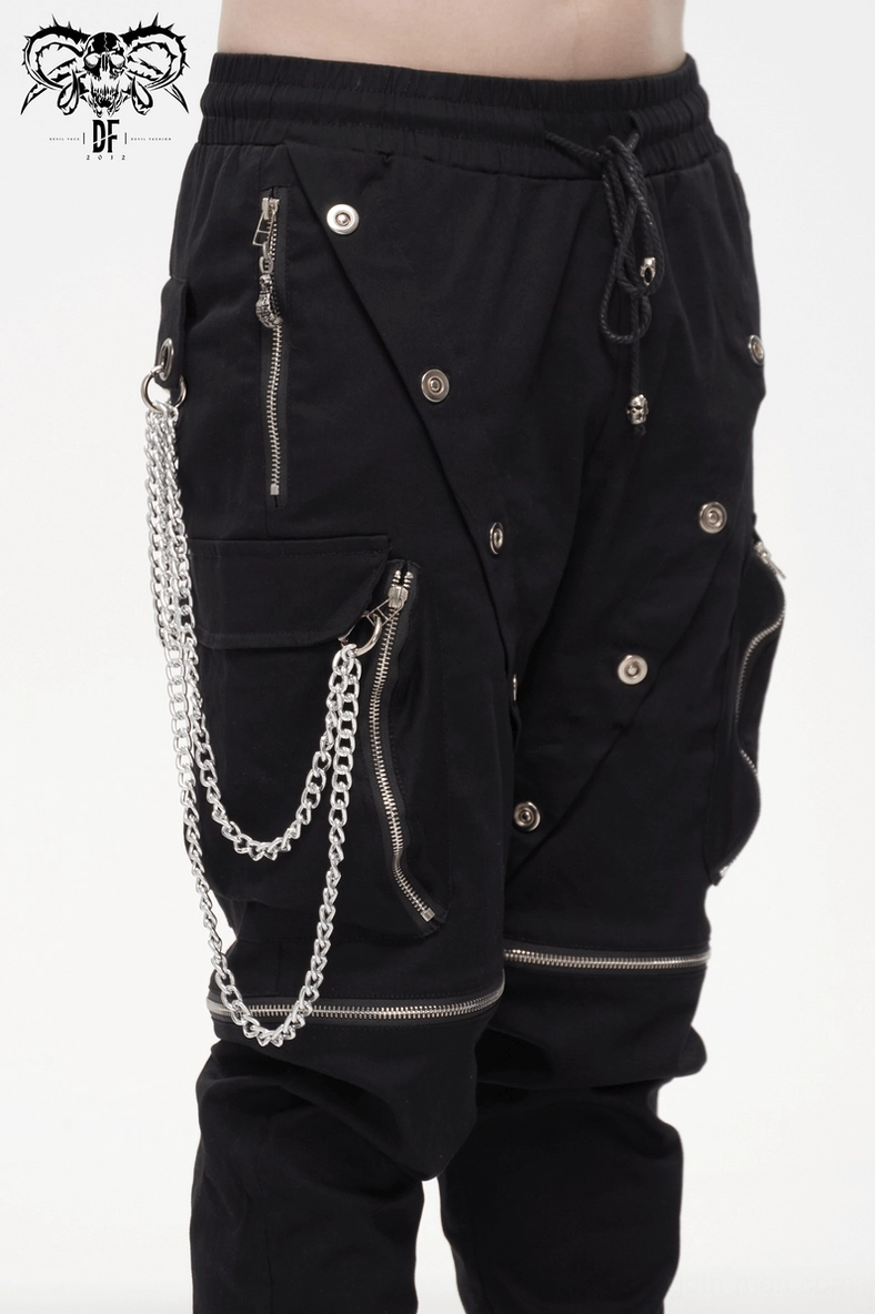 Alternative angle of black gothic cargo pants showing overall silhouette and hardware placement