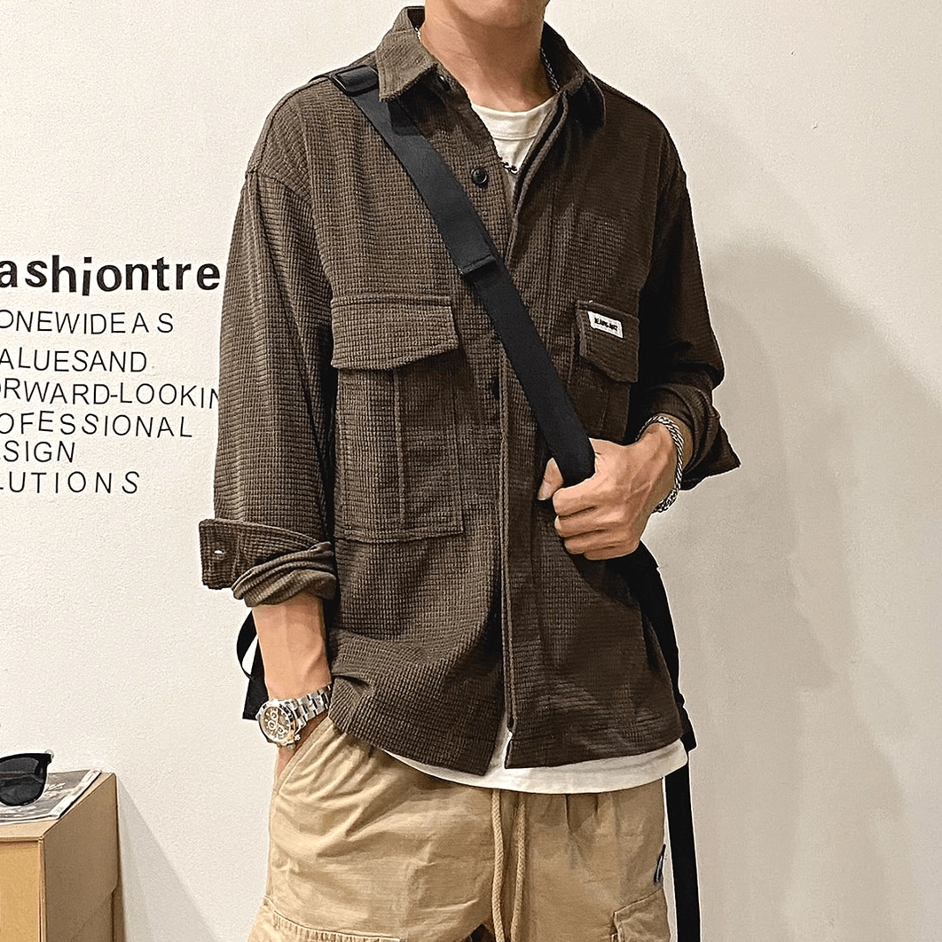 Oversized gothic cargo shirt color swatch detail showing fabric finish and pocket flap construction in warm earth tones and dark alternatives