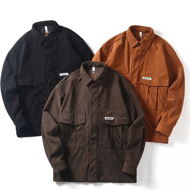 Three-color oversized gothic cargo shirt collection flat lay showing black, dark brown, and tan color variants stacked together on white background