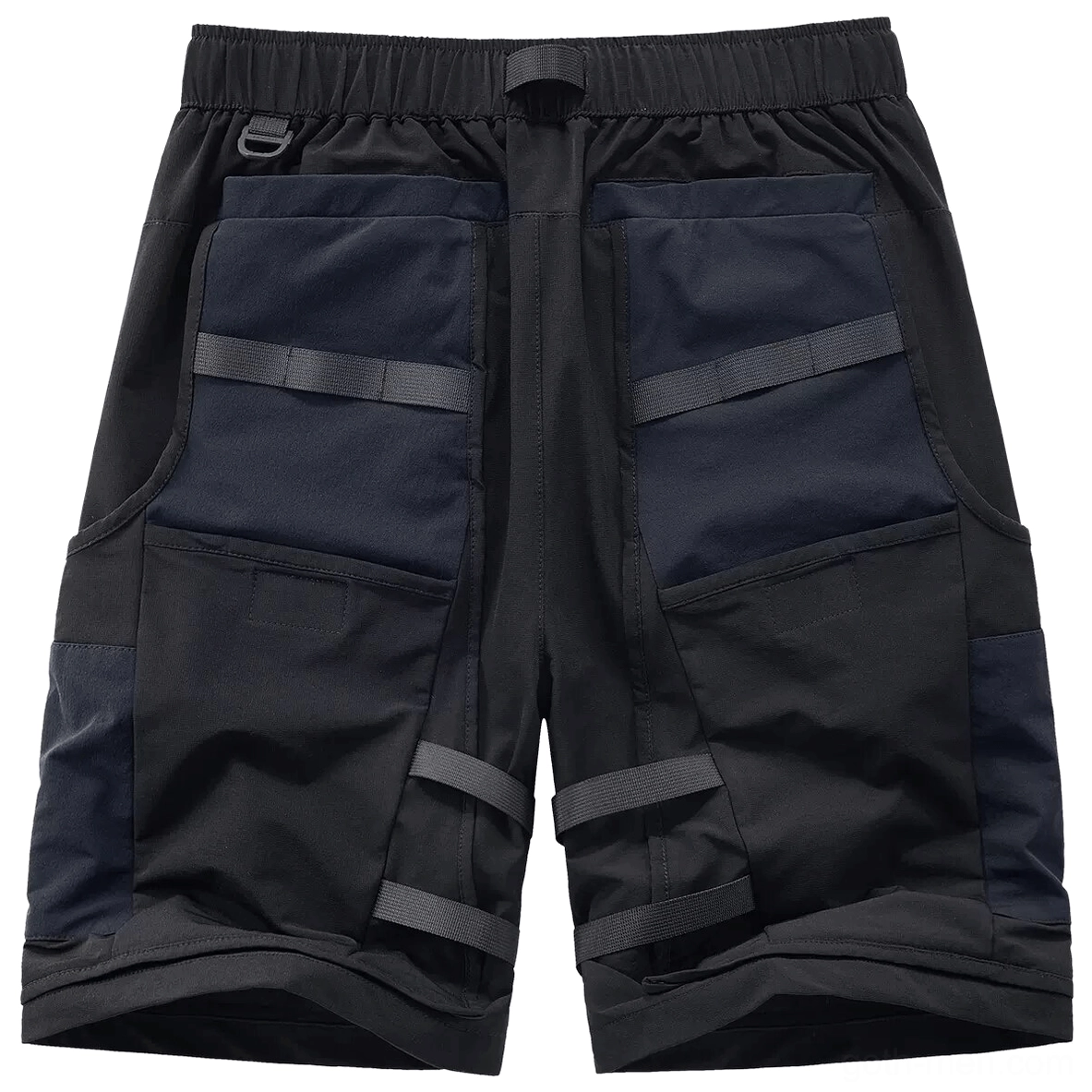 Gothic cargo shorts back view - rear pockets with webbing straps and elastic waistband detail