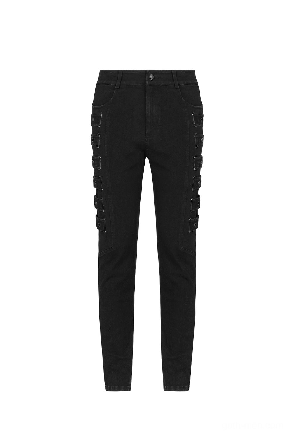 Front flat lay of gothic fitted cargo pants displaying side strap trim and skinny tailored cut
