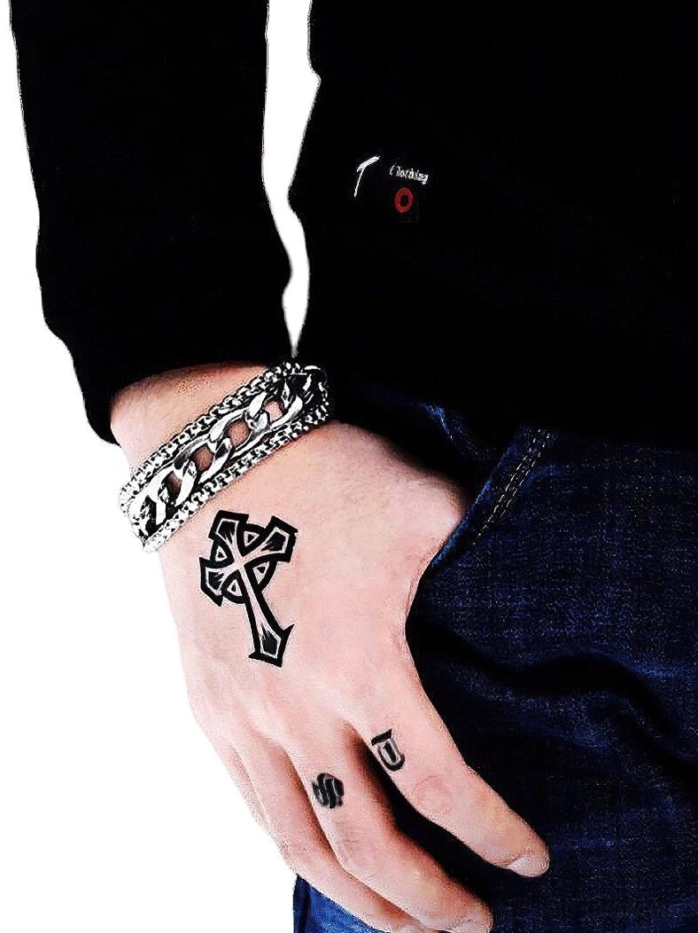 Double-chain stainless steel gothic bracelet worn on tattooed male wrist, side view close-up showcasing industrial punk design with silver polished finish