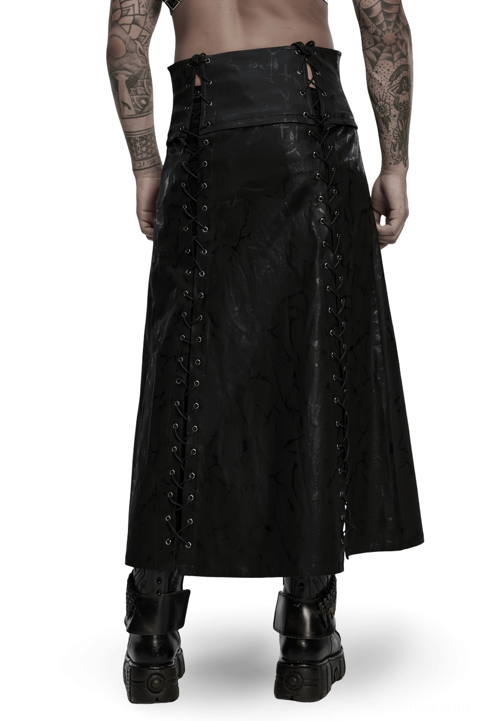 Black gothic long kilt back view displaying high waist cut and side lace-up crisscross details