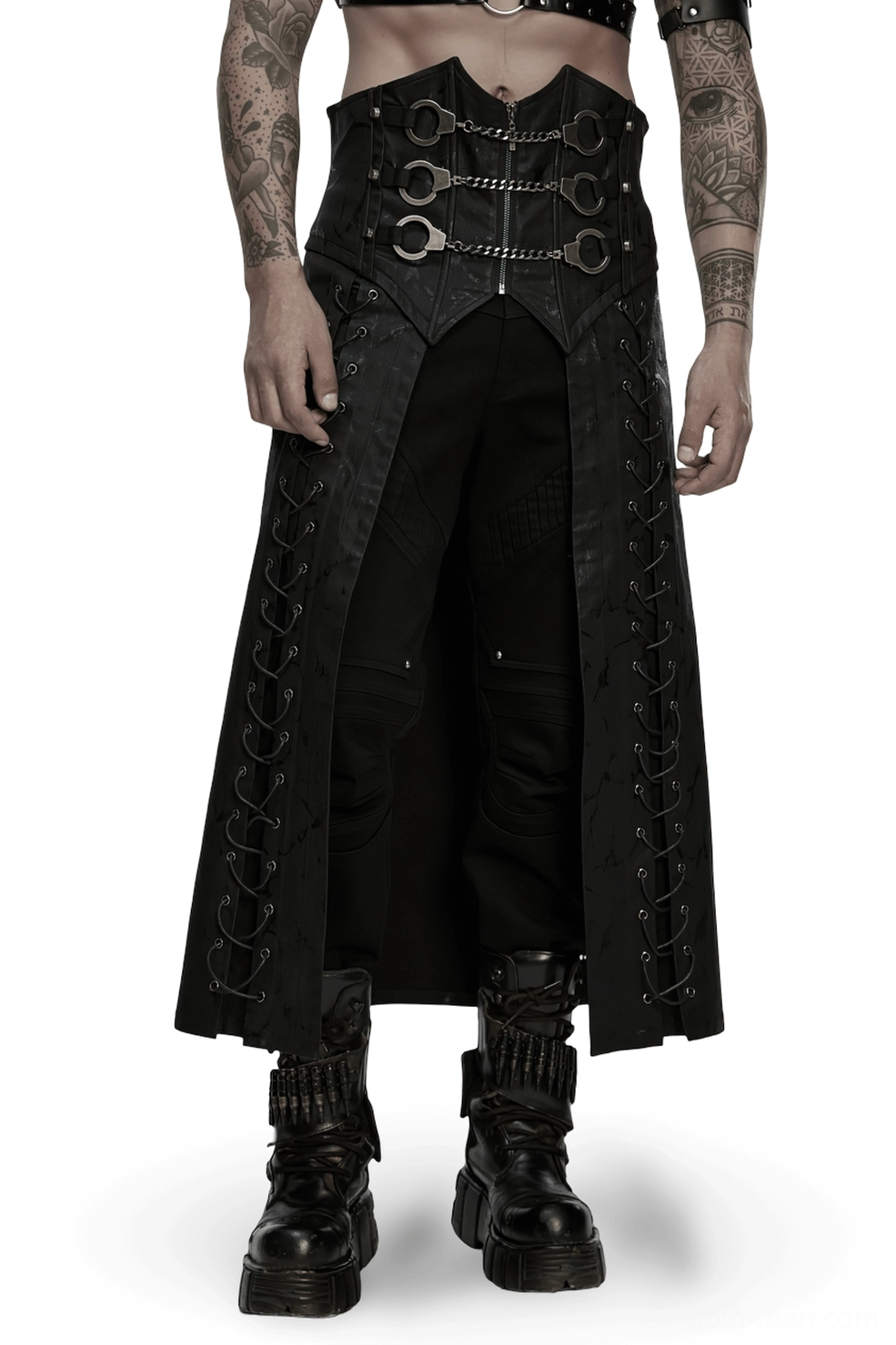 Black gothic chain buckle kilt front view on male model showing side lacing and metal chain hardware details