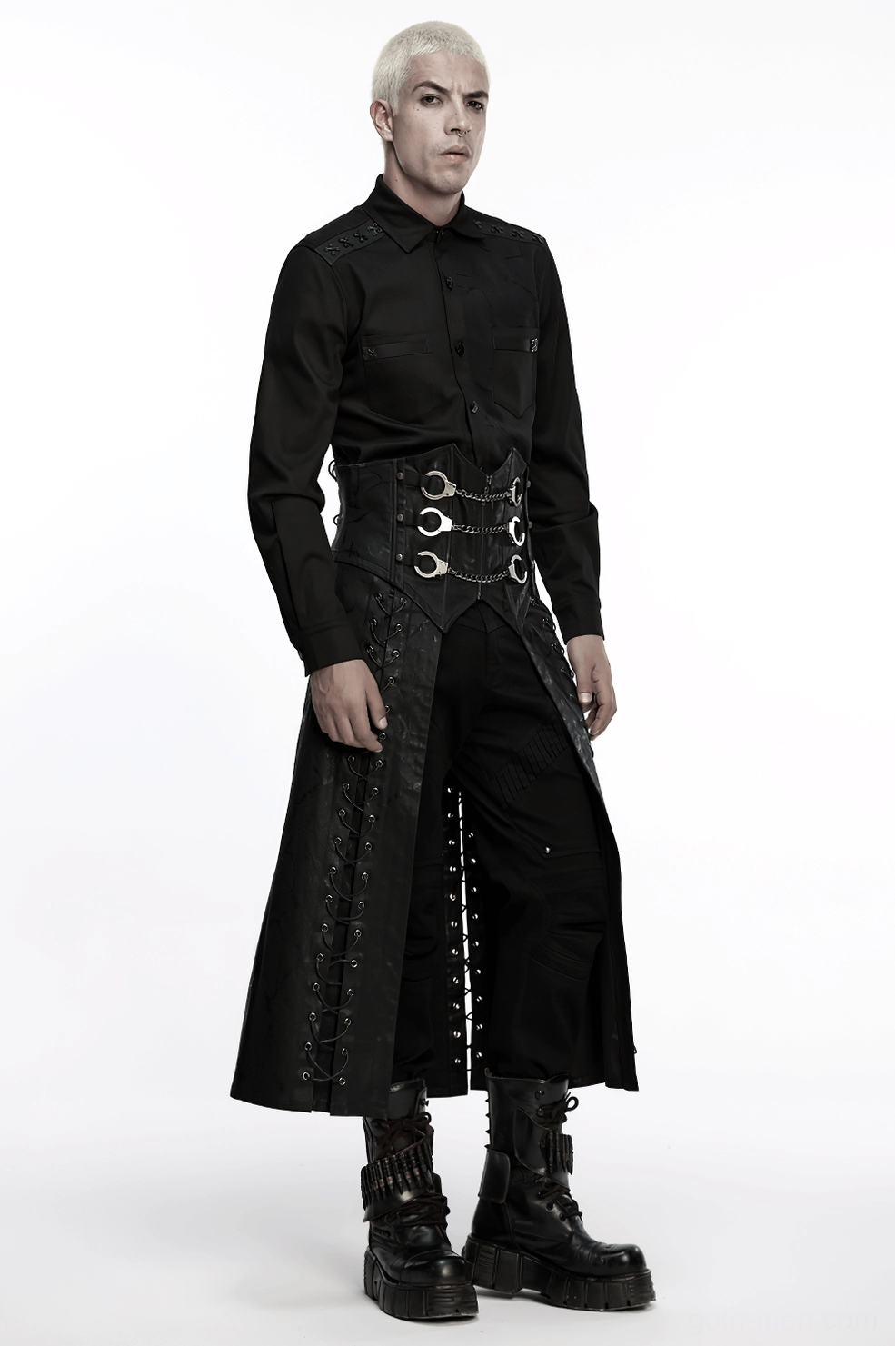 Professional product shot of gothic chain buckle kilt on neutral background for e-commerce