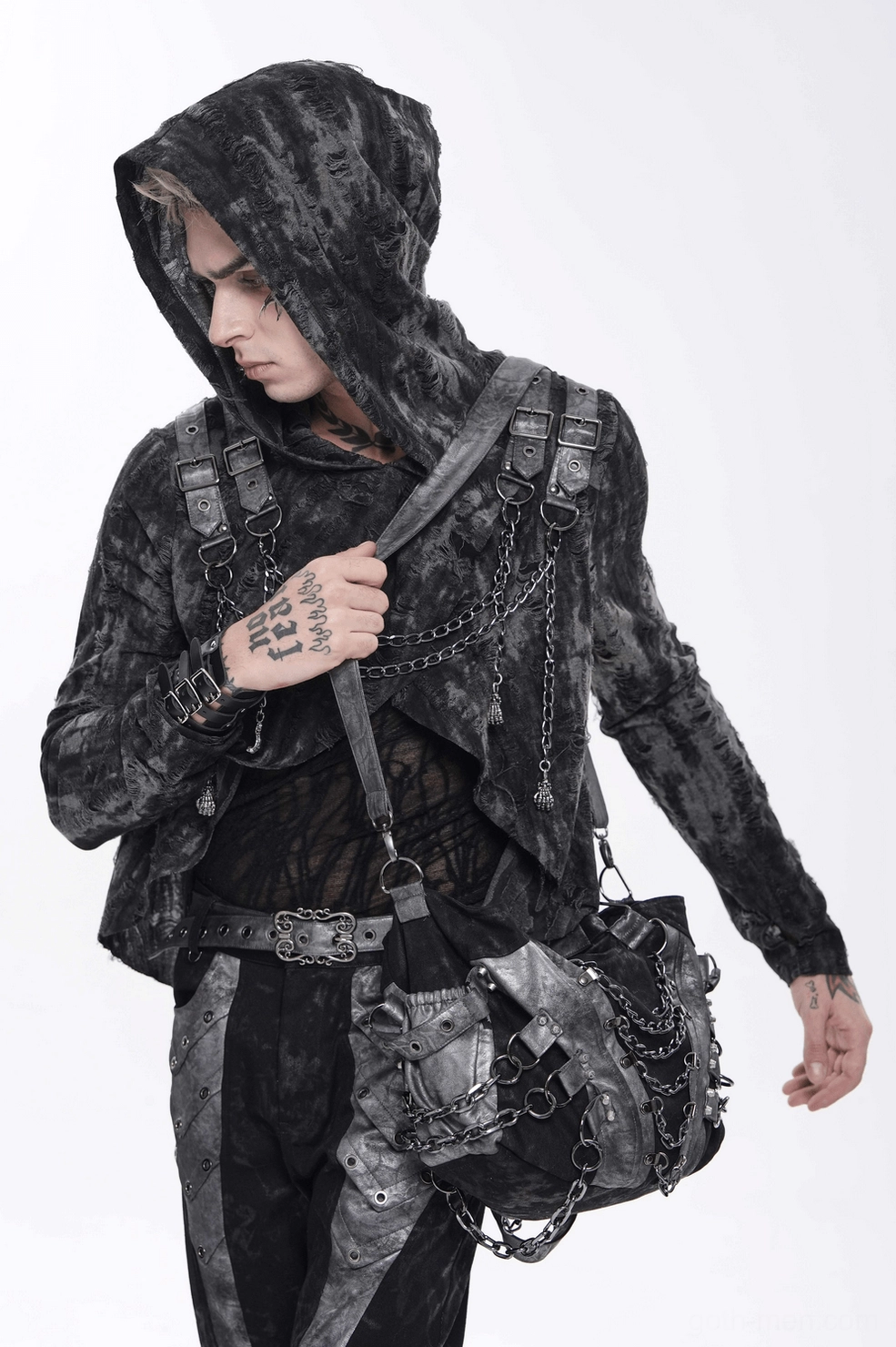 Black gothic hooded top with dangling charms and metal chain embellishments - detail shot