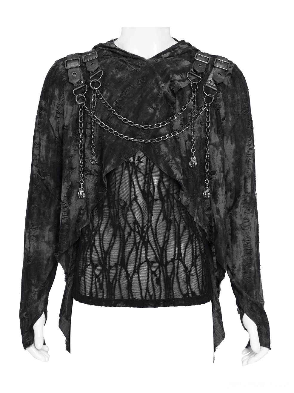 Black gothic hooded mesh top close-up showing chain harness and mesh inner fabric details