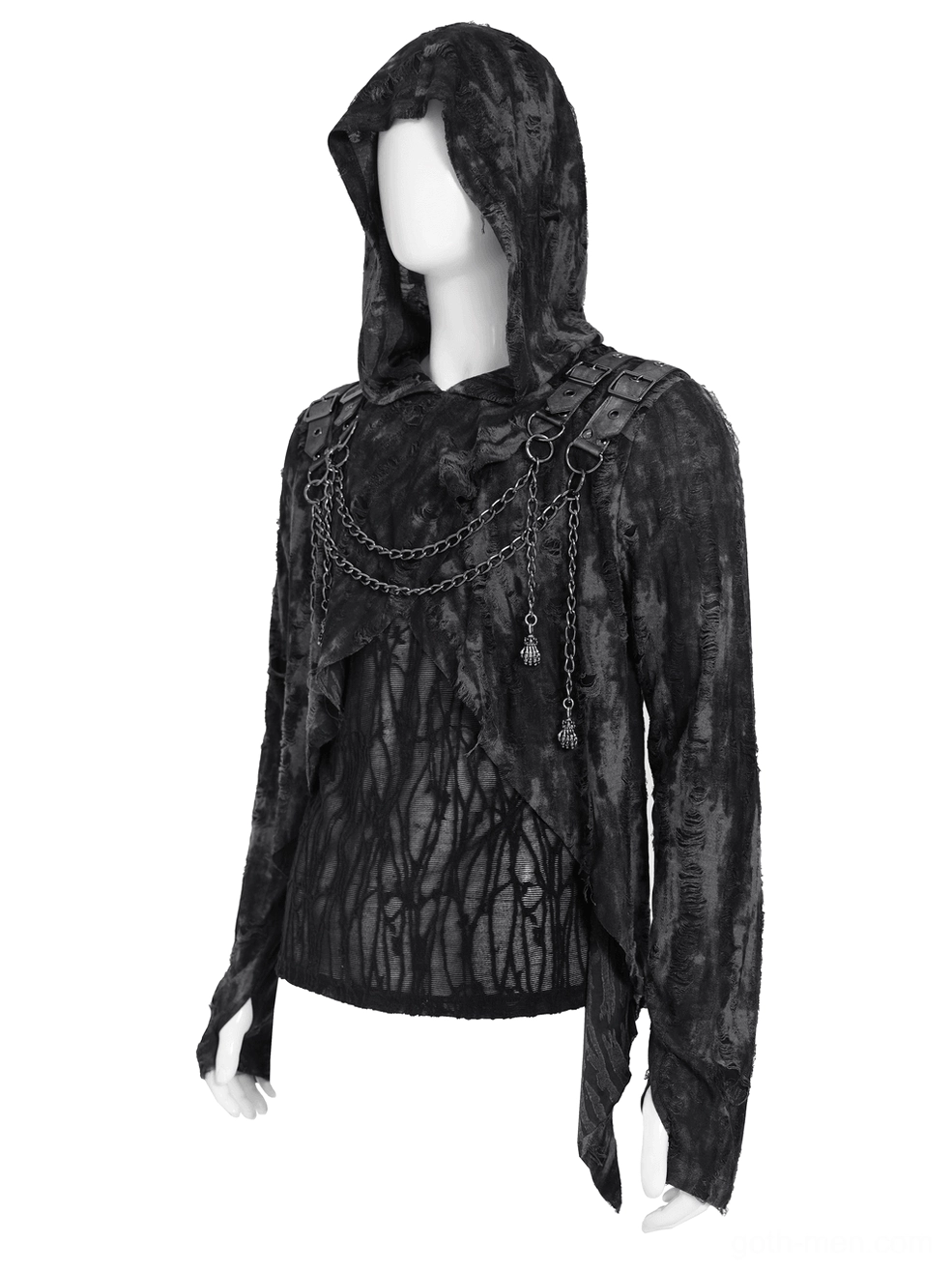 Black gothic hooded chain top with shoulder strap buckle details - side mannequin view