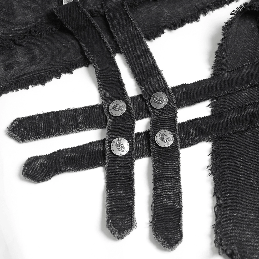Back view detail of black gothic chain vest showing layered chain rows and distressed fabric treatment