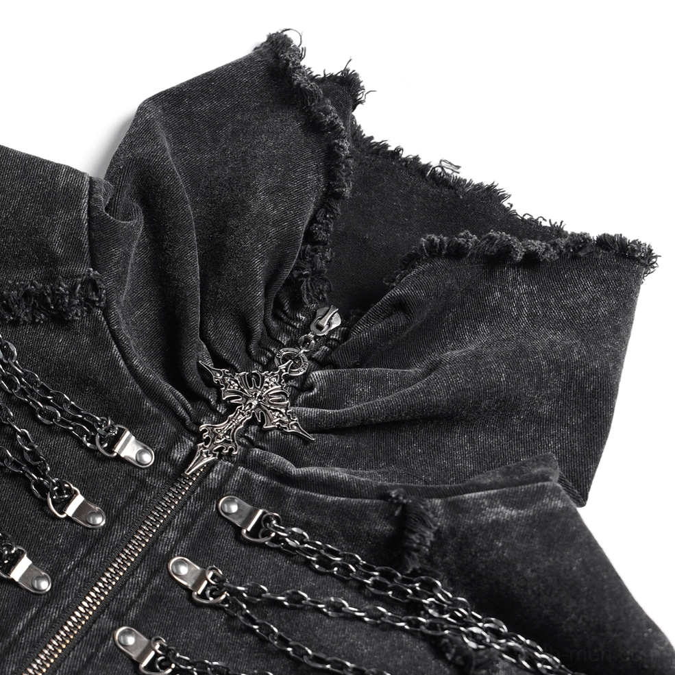 Close-up detail of gothic chain vest showing frayed high collar, cross-shaped zipper pull, and metal chain hardware