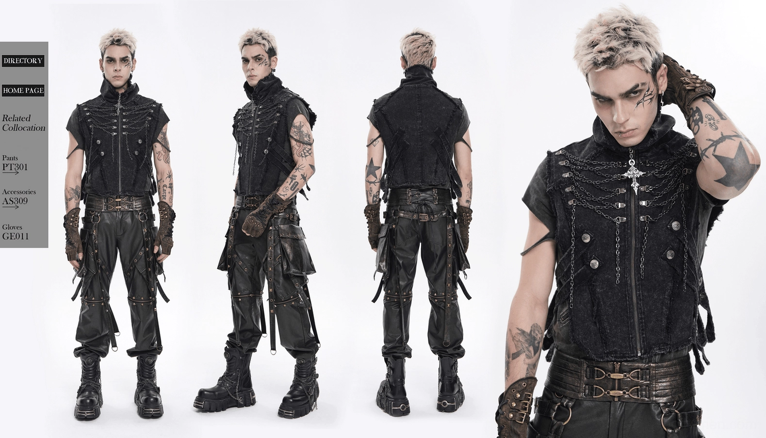 Black gothic chain vest color and texture detail showing vintage wash denim and metal hardware finish