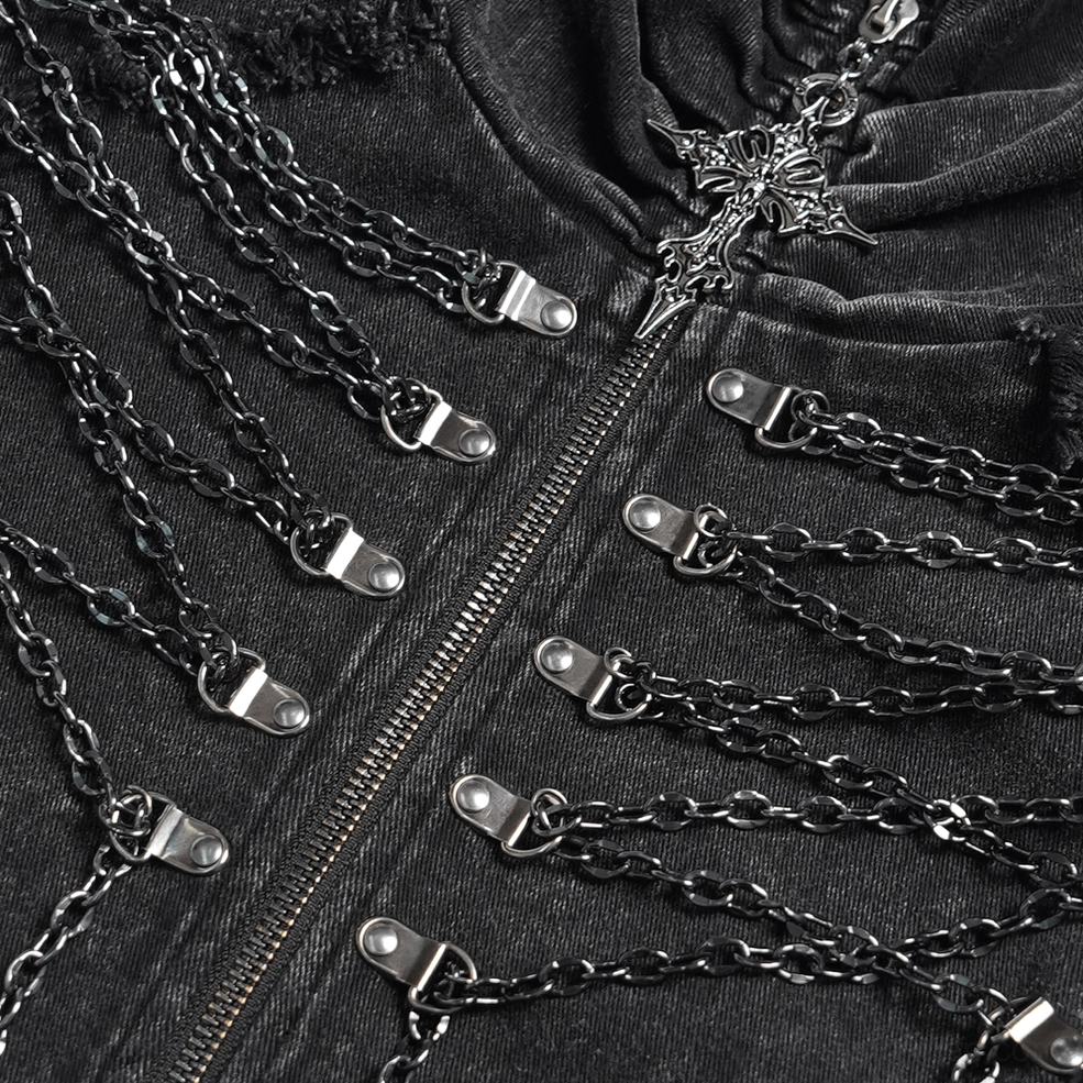Black gothic chain vest worn by tattooed model showing complete silhouette with layered chains and side cutout straps