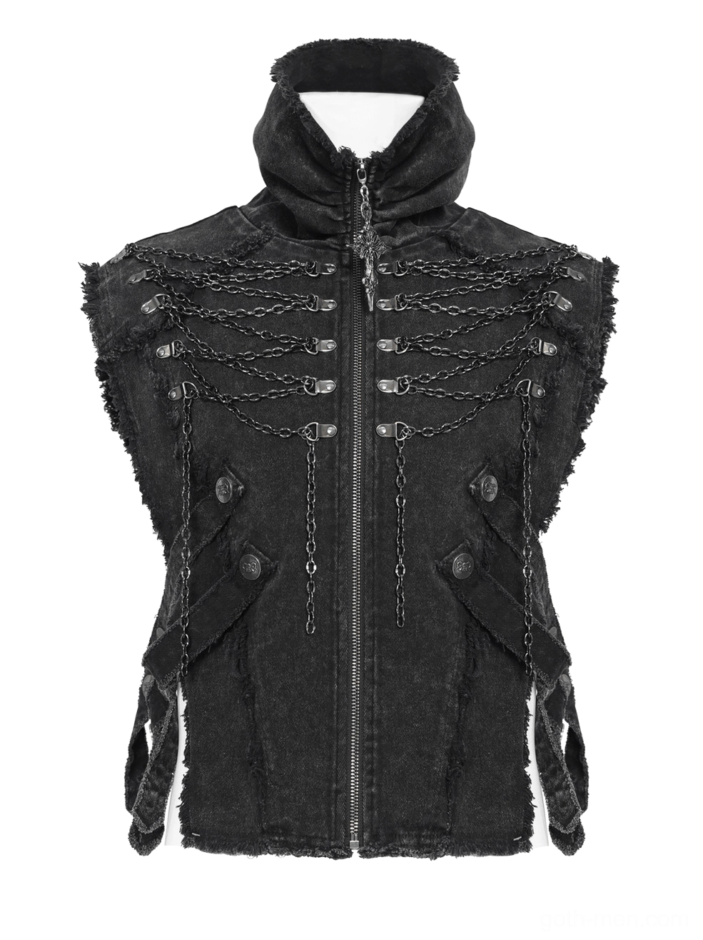 Front flat lay detail of black gothic chain vest showing frayed edges, cross chain details, front zip closure and hardware