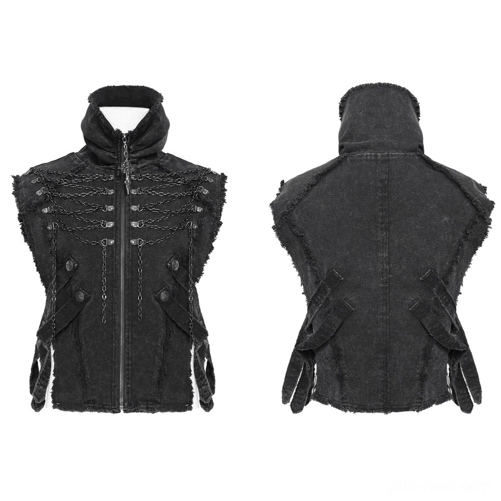 Black gothic chain vest flat lay front and rear display on mannequin showing vintage wash finish and metal chain trim details