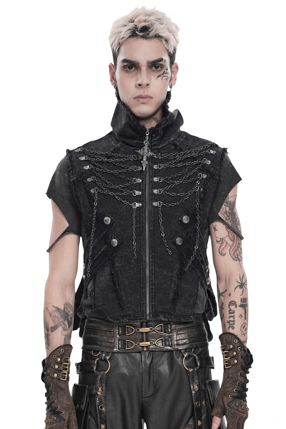Men's black gothic high collar chain vest front view on tattooed male model wearing distressed denim with metal chain details and cross zipper pull