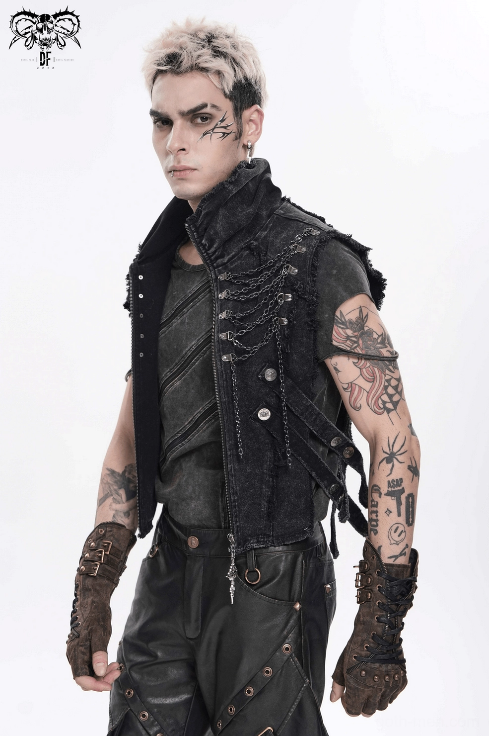 Full length front view of black gothic chain vest on male model showing proportions and layering potential