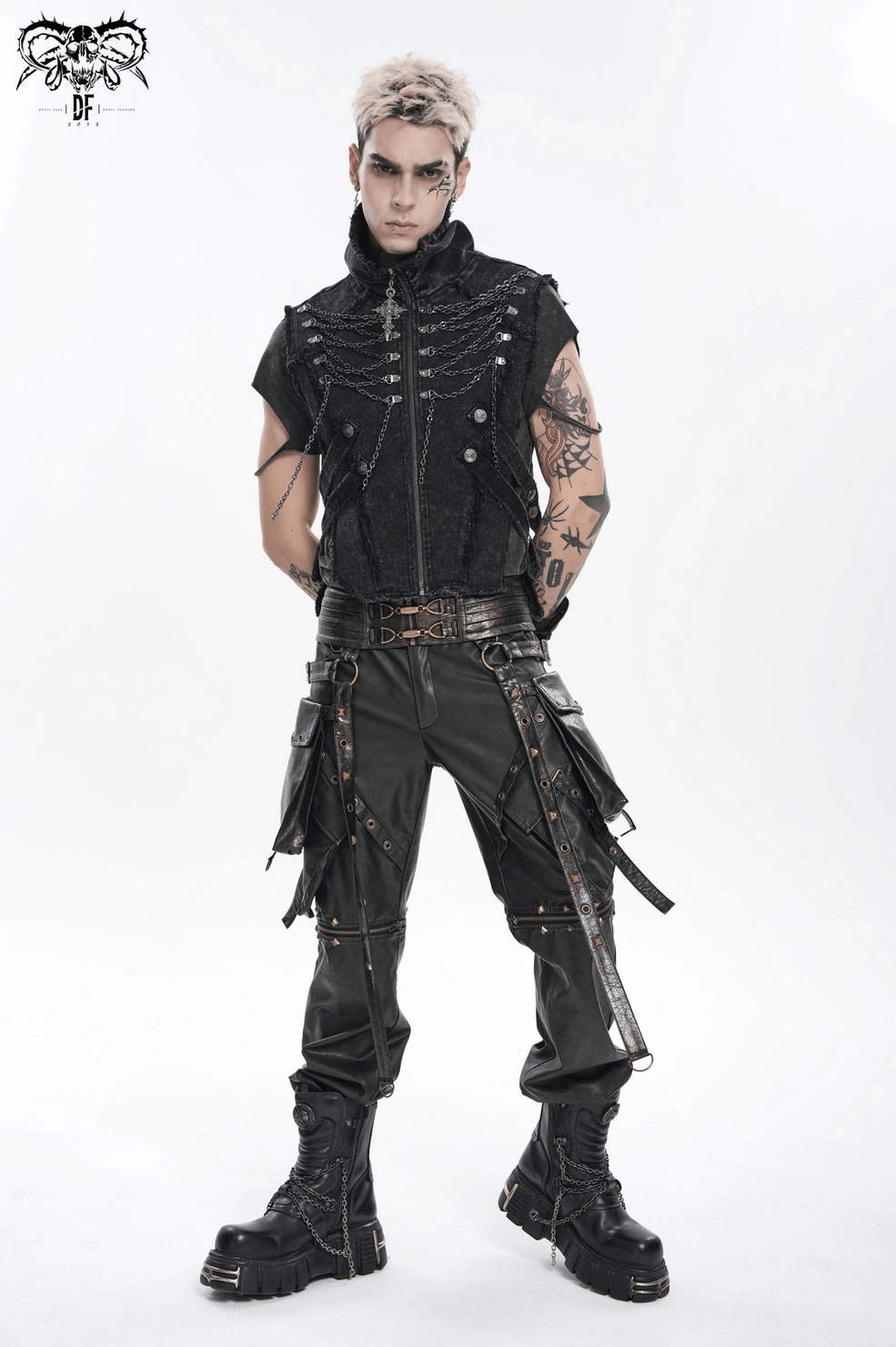 Overhead view of black gothic chain vest showing high collar construction and chain row configuration