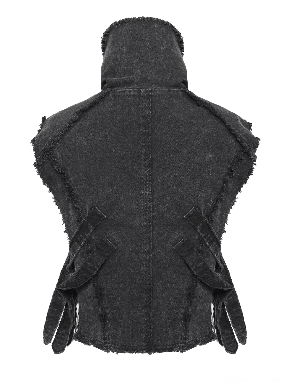 Rear flat lay of black gothic chain vest showing back strap details, washed black denim texture, and frayed edge finishing