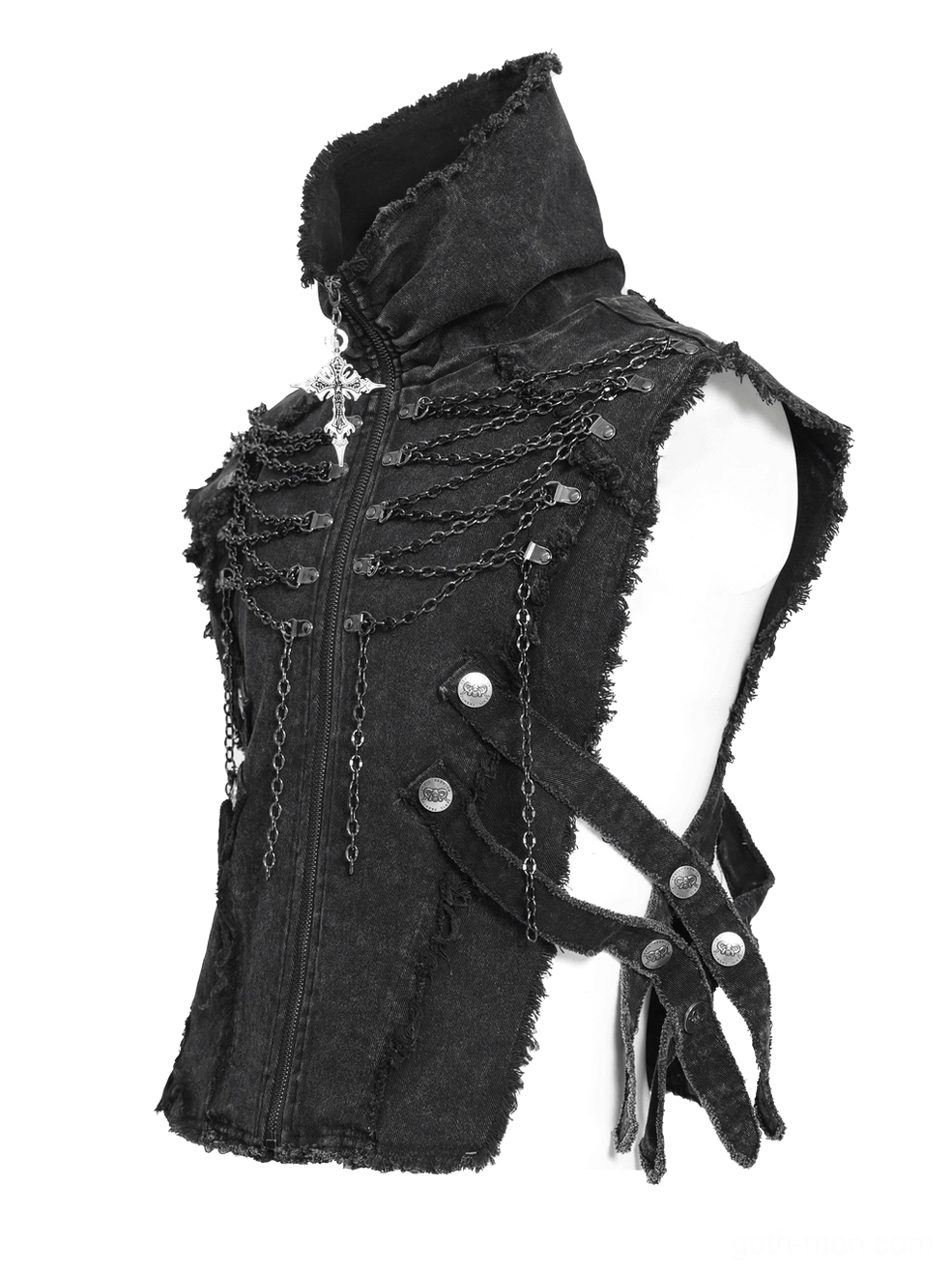 Side flat lay of black gothic chain vest displaying side strap buckles, high stand collar, and frayed fabric trim details
