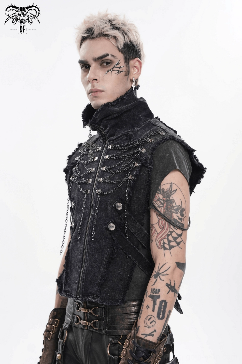 Close-up of side strap buckle hardware and cutout design on black gothic chain vest showing construction detail