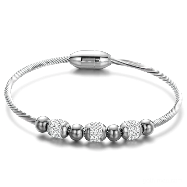 Silver gothic stainless steel charm bracelet with crystal-encrusted beads and magnetic clasp front view