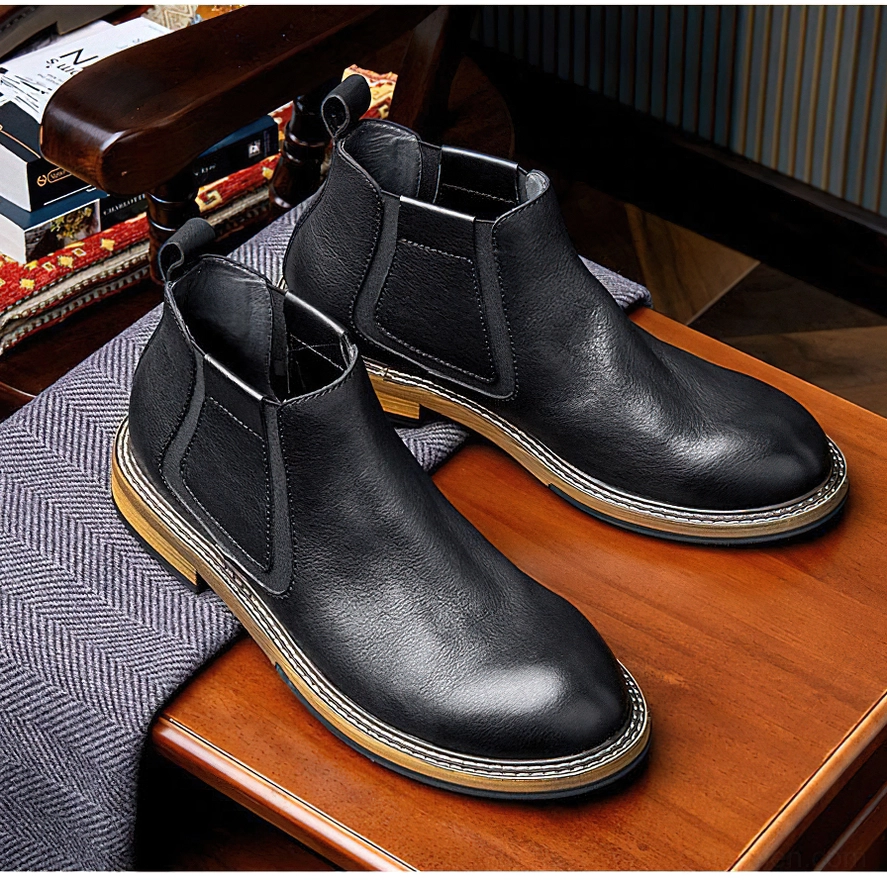Black leather Chelsea boots low block heel design, comfortable gothic ankle boot silhouette