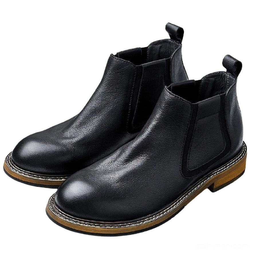 Men's black leather gothic Chelsea ankle boots with elastic side gussets and heel pull tab, three-quarter flat view
