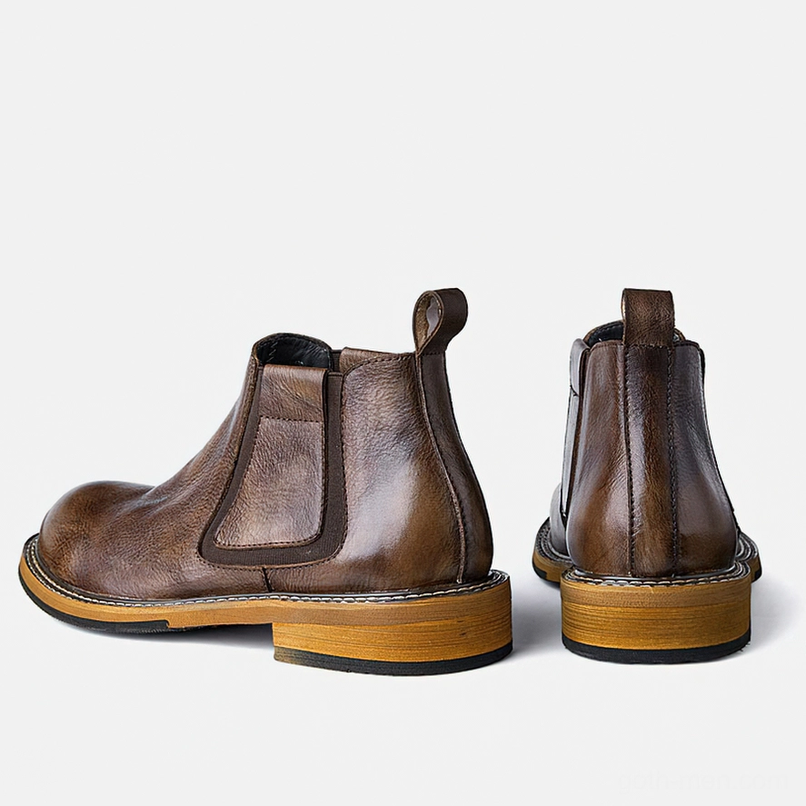 Men's brown leather Chelsea boots side and rear angle, low block heel with pull tab detail