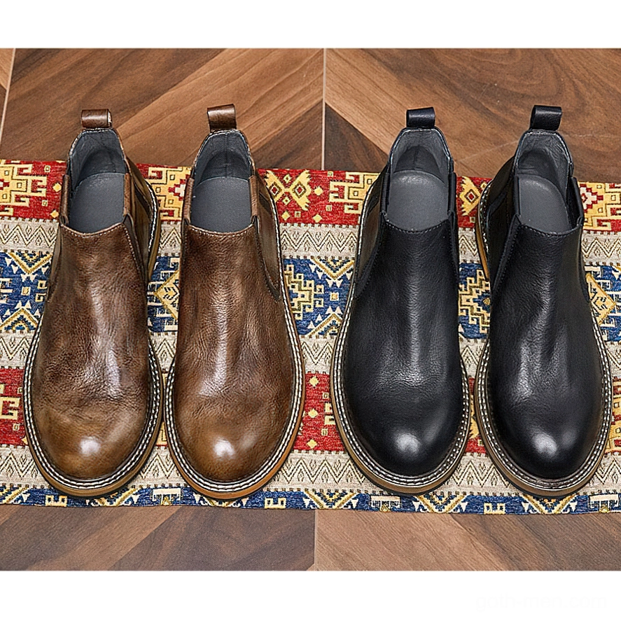 Rubber outsole stitching detail of Chelsea boots, durable slip-resistant base construction