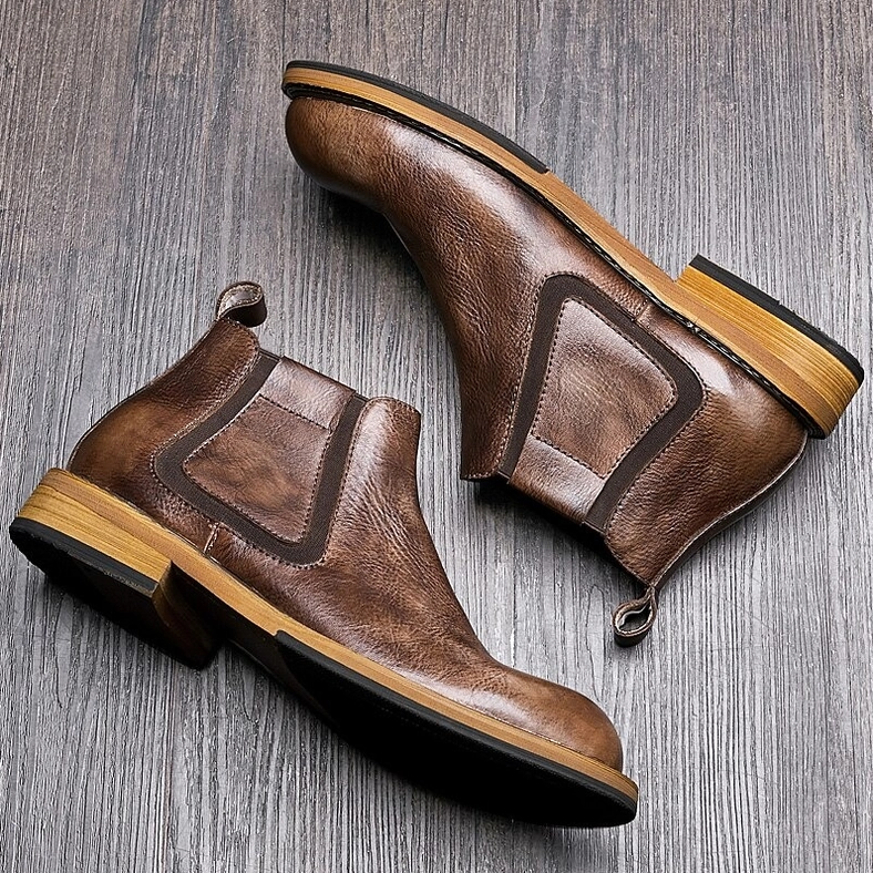 Men's Chelsea ankle boots slip-on construction, elastic side gusset gothic boot design