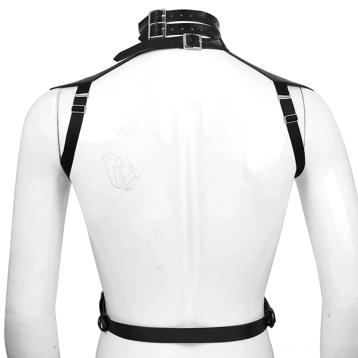 Back view of black leather chest harness on mannequin showing waist securing strap, back neck buckle, and shoulder harness details