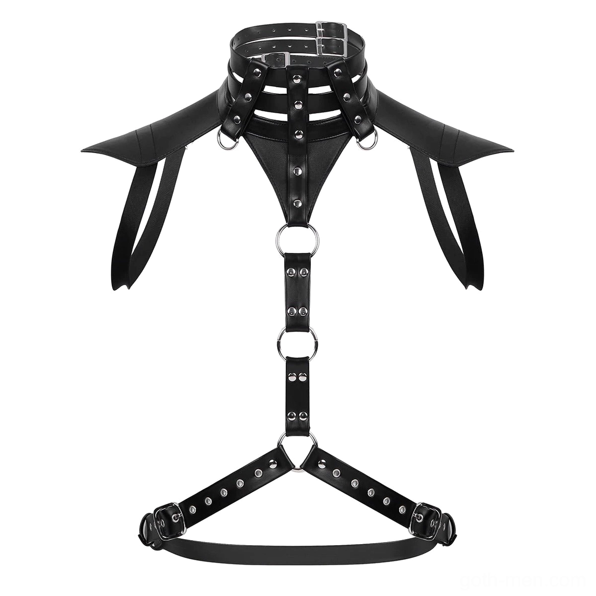 Flat lay top view of gothic faux leather harness showing Y-shaped torso straps, shoulder cape design, and triangle waist fixing straps