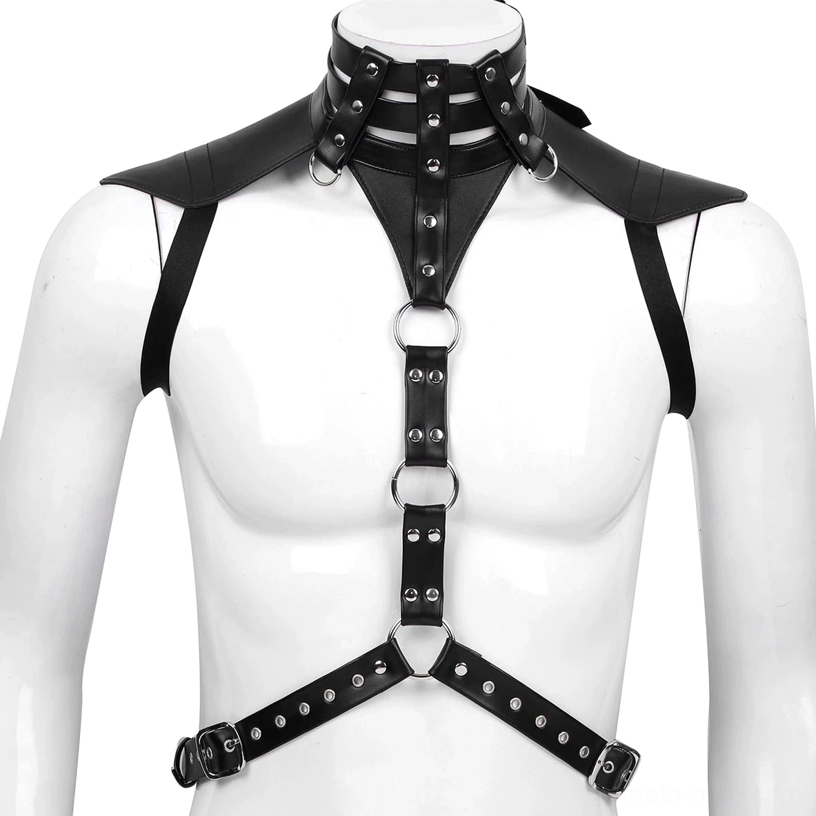 Black faux leather gothic chest harness front view on male mannequin torso, featuring adjustable straps, metal O-rings, and structured shoulder caps