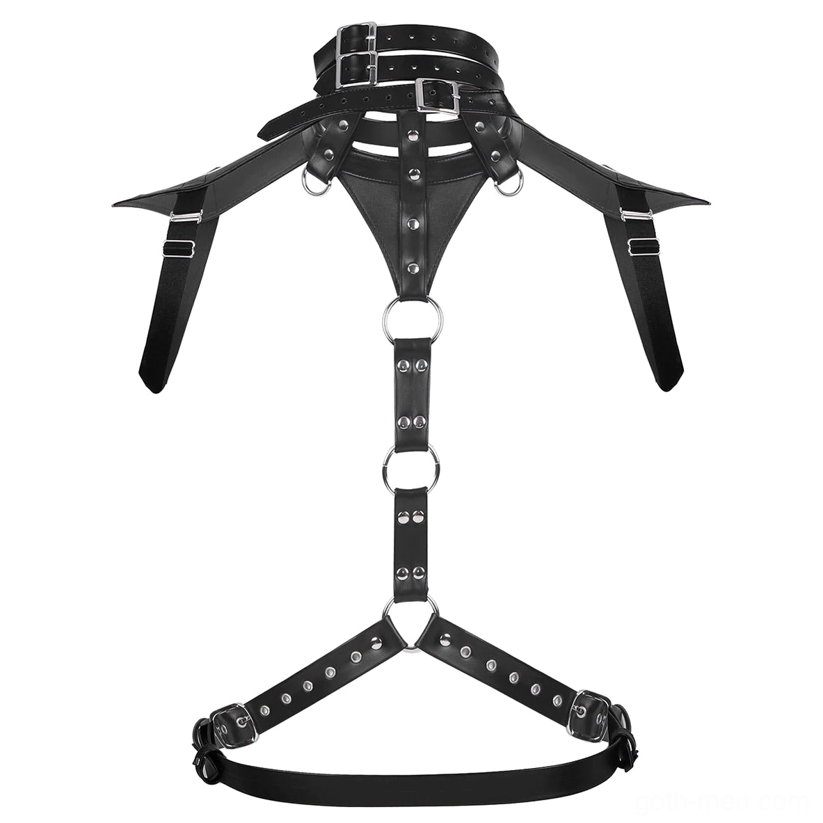 Side flat lay view of black leather chest harness displaying shoulder pad details and central studded strap configuration