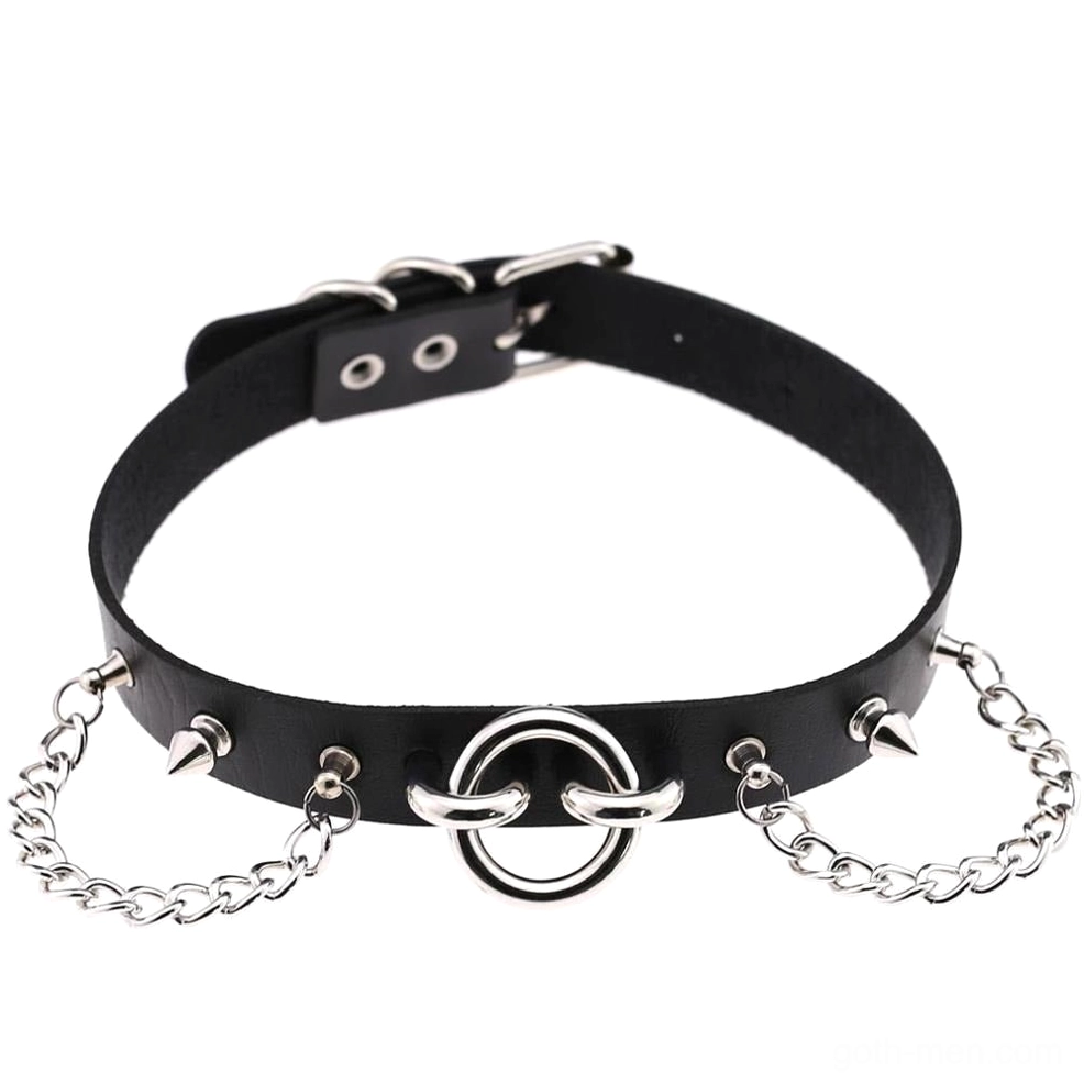 Classic black gothic spiked chain choker with silver metal accents - flat lay photography
