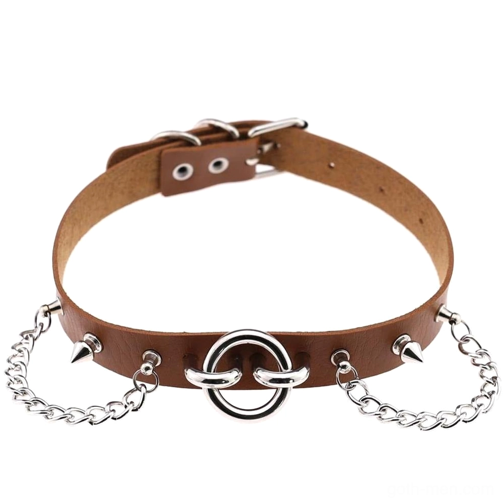 Caramel brown PU leather gothic choker with metal spike embellishments - close-up view