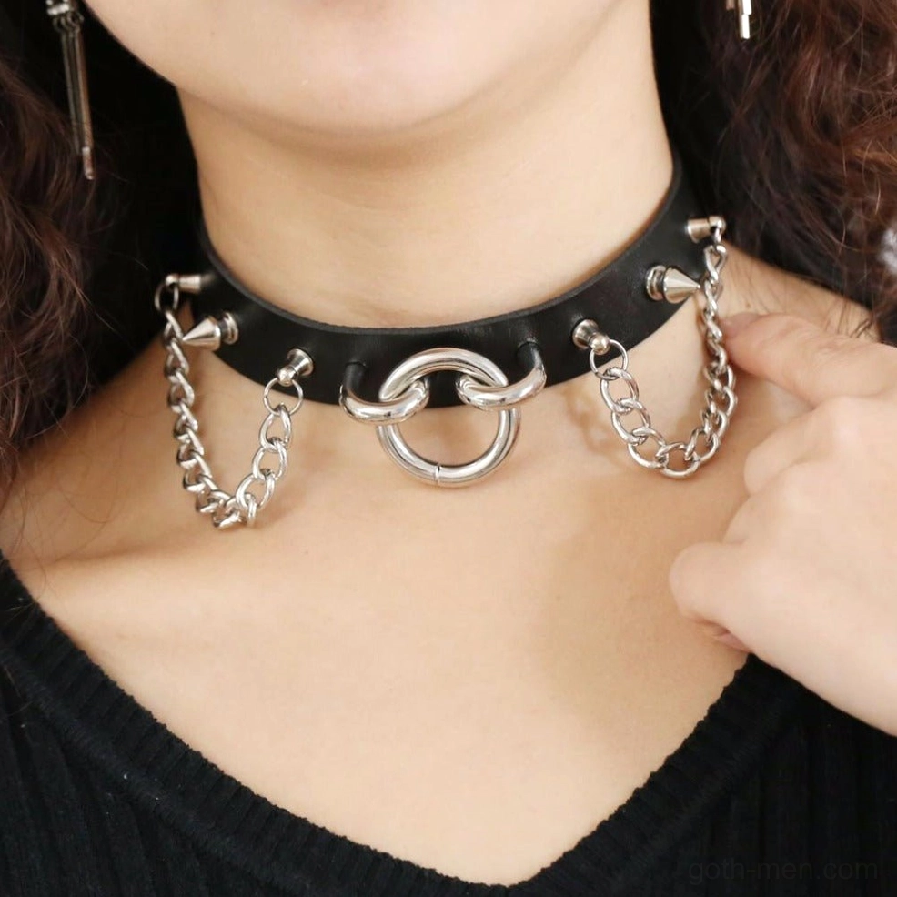 Gothic spiked chain choker detail shot showing zinc alloy studs and PU leather strap